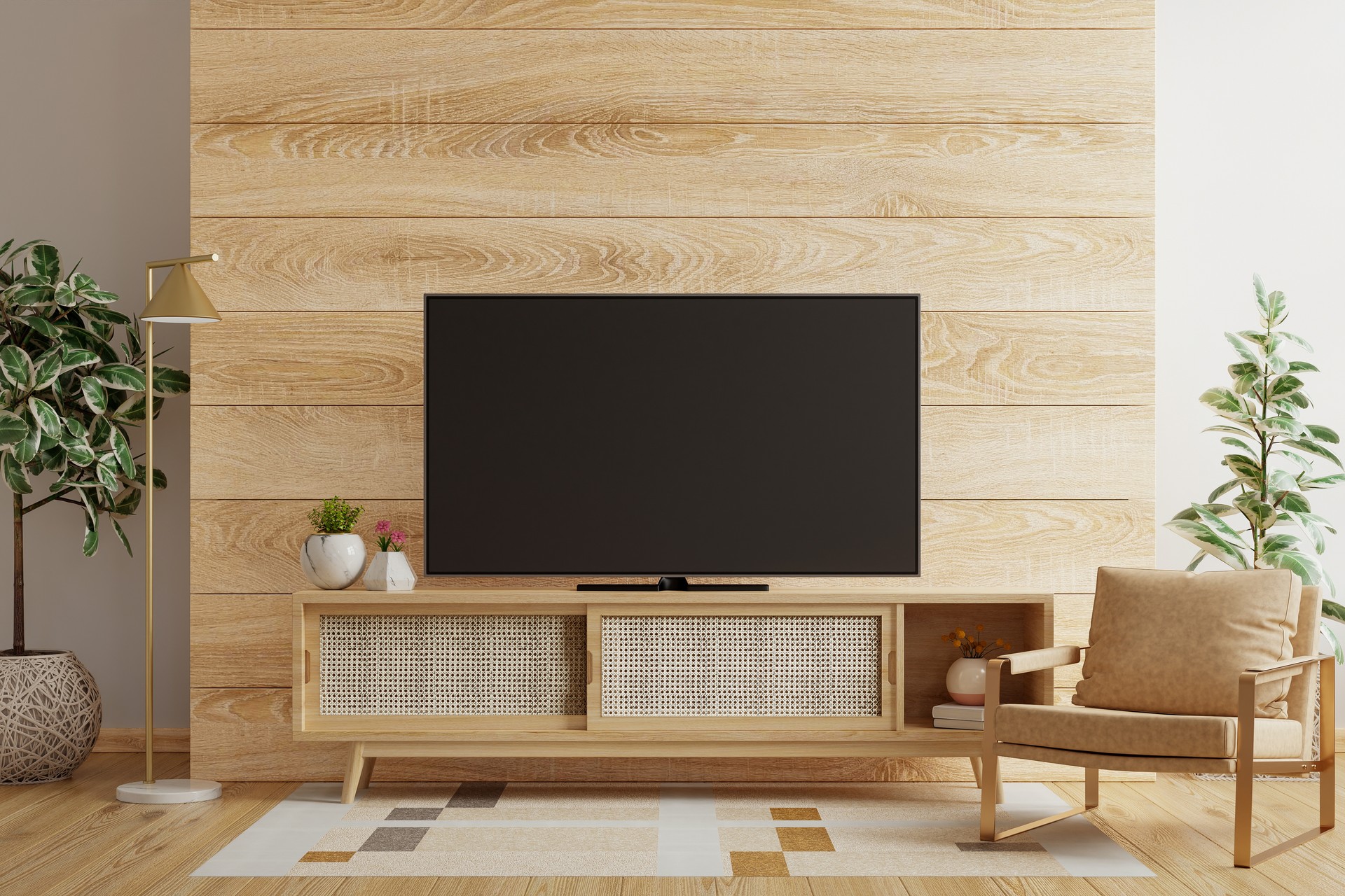 Wooden wall in living room with armchair and accessories,TV room
